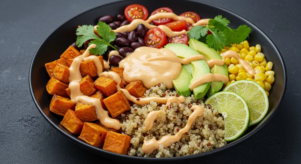 Easy Sweet Potato Taco Bowls with Zesty Cilantro Lime Sauce 9 Colorful ingredients for Sweet Potato Taco Bowls including sweet