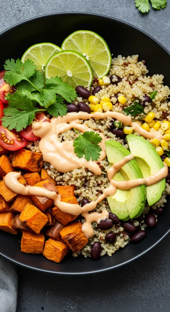 Easy Sweet Potato Taco Bowls with Zesty Cilantro Lime Sauce 13 A beautifully plated Sweet Potato Taco Bowls topped with zesty cilantro lime sauce.
