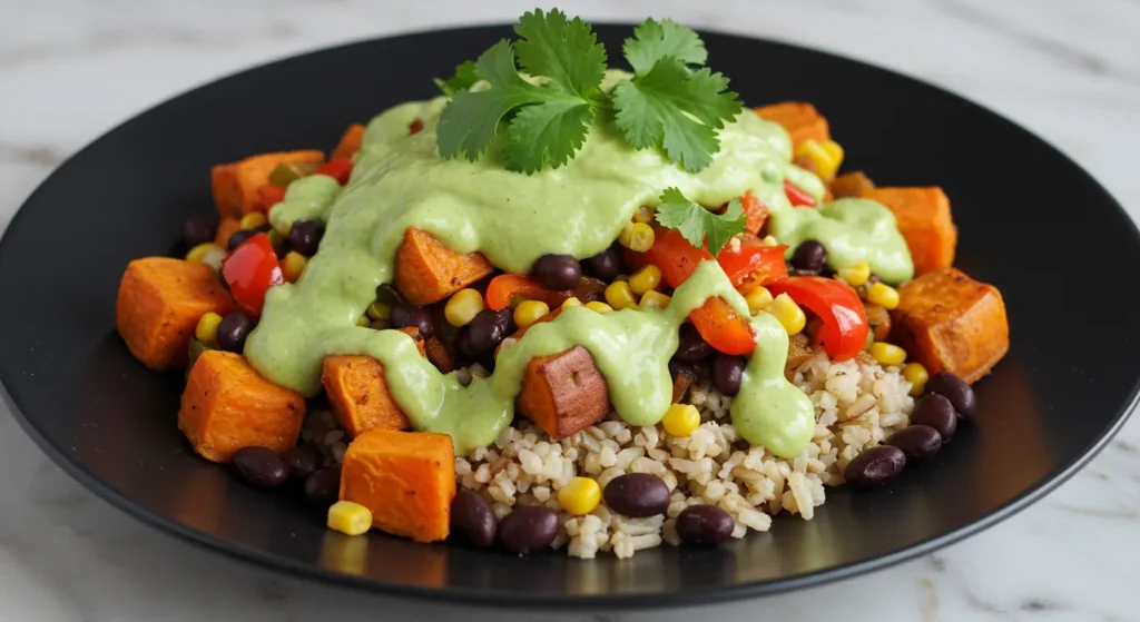 How To Make Easy Sweet Potato Taco Bowl Recipe 9 Close-up of a vibrant Sweet Potato Taco Bowl with roasted sweet potatoes, black beans, corn, avocado, and creamy cilantro-lime dressing.