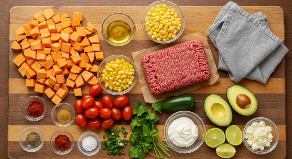 How To Make Easy Sweet Potato Taco Bowl Recipe 11 Overhead view of a healthy Sweet Potato Taco Bowl, perfect for meal prep, featuring smoky roasted sweet potatoes