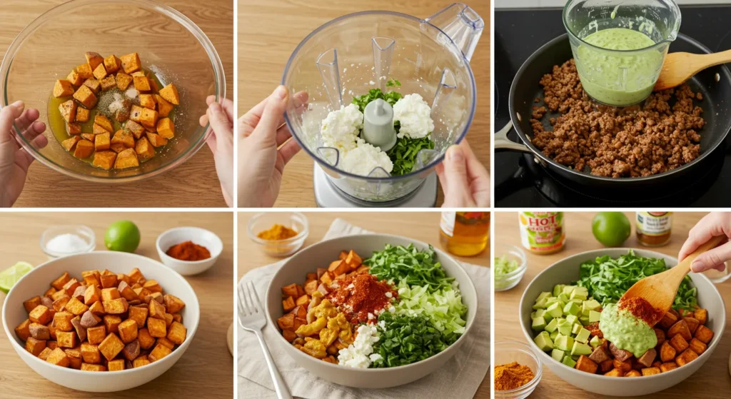 Easy Taco Sweet Potato Bowl A Flavorful And Nutritious Meal 15 Assembling a taco sweet potato bowl with layers of ingredients.