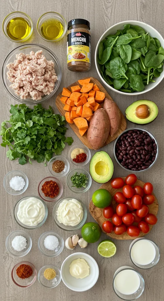 Easy Sweet Potato Taco Bowls with Zesty Cilantro Lime Sauce 11 A beautifully plated Sweet Potato Taco Ingredients for Bowl topped with zesty cilantro lime sauce.
