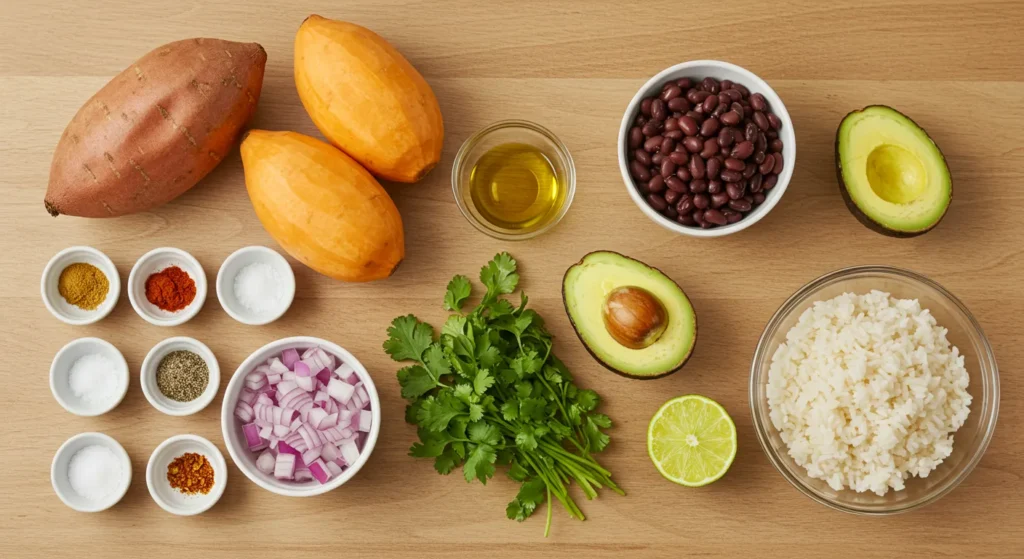Easy Taco Sweet Potato Bowl A Flavorful And Nutritious Meal 14 Fresh ingredients for a taco sweet potato bowl arranged on a wooden