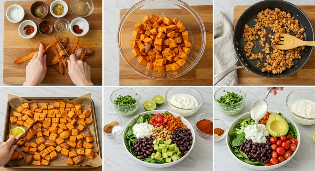Easy Sweet Potato Taco Bowls with Zesty Cilantro Lime Sauce 12 A hand assembling a Sweet Potato Taco Bowl with layers of sweet potatoes, beans, and toppings.