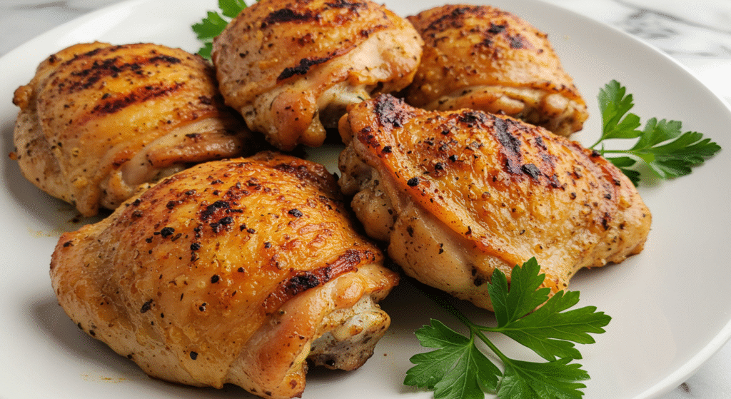 Best Damn Air Fryer Chicken Thighs Crispy&Juicy 8 Crispy and juicy air fryer chicken thighs served on a white plate with herbs