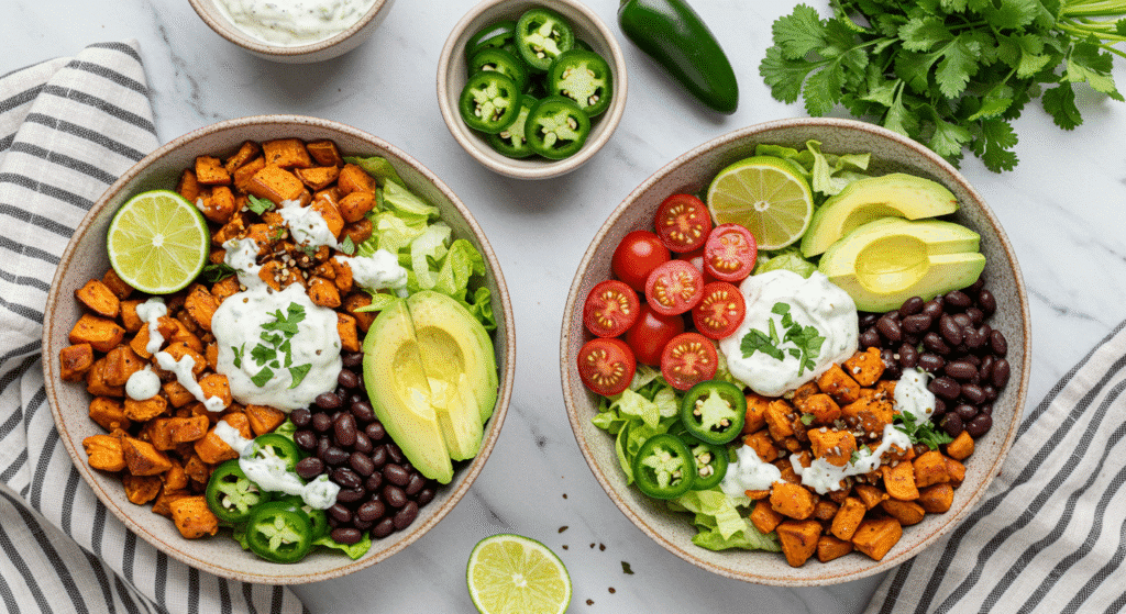 High Protein Sweet Potato Taco Bowl Easy Recipe 15 Overhead view of a high-protein sweet potato taco bowl with black beans, sliced avocado, fresh jalapeños, cherry tomatoes, and a creamy dressing at Home