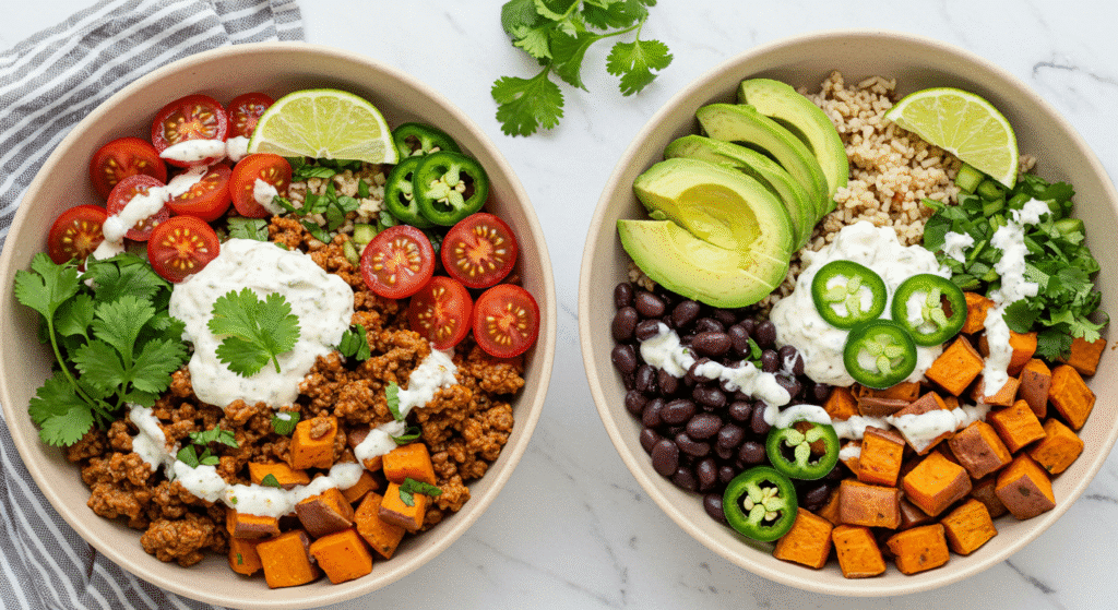 High Protein Sweet Potato Taco Bowl Easy Recipe 12 Overhead view of a high-protein sweet potato taco bowl with black beans, sliced avocado, fresh jalapeños, cherry tomatoes, and a creamy dressing