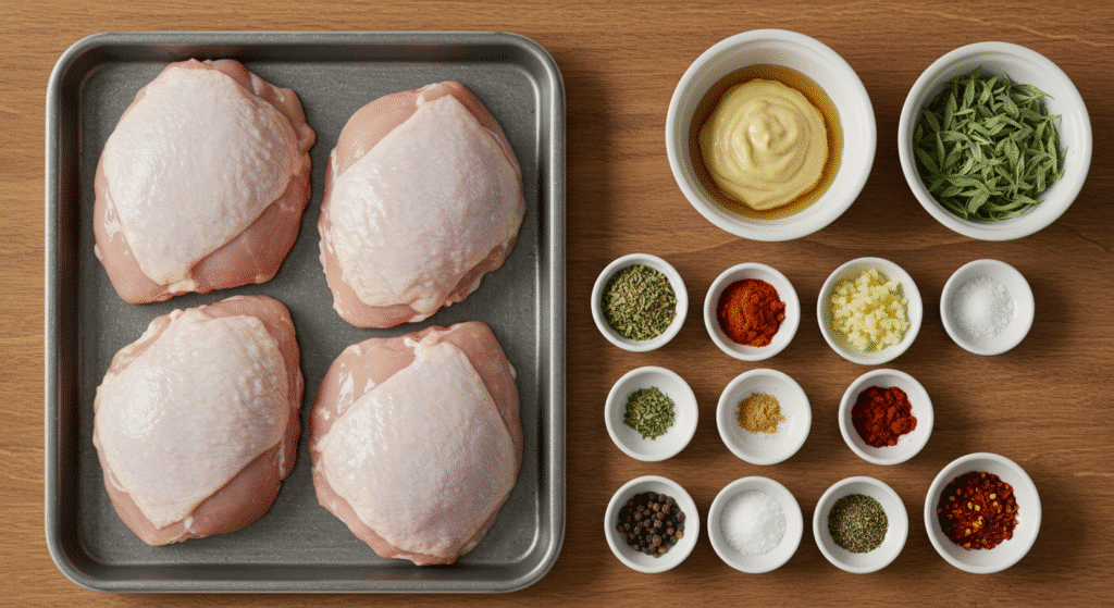 Best Damn Air Fryer Chicken Thighs Crispy&Juicy 9 Ingredients for air fryer chicken thighs including chicken, paprika, garlic powder, and olive oil