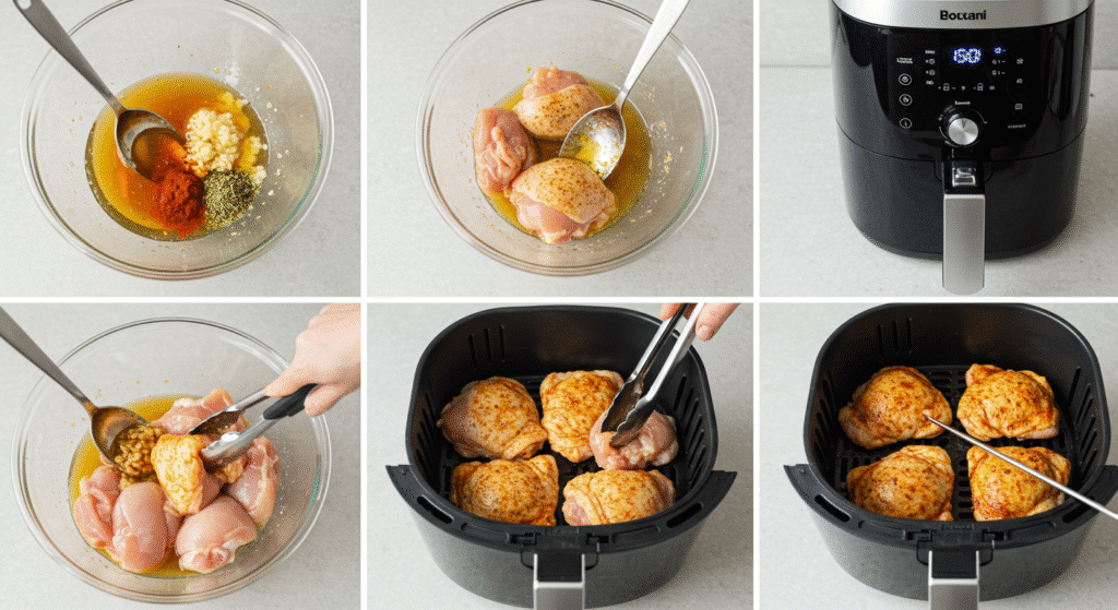 Best Damn Air Fryer Chicken Thighs Crispy&Juicy 10 Chicken thighs being arranged in an air fryer basket before cooking